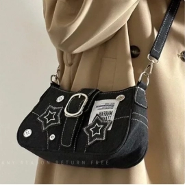 Y2k Fashion Women's Handbags Stars Pattern Cool Girls Underarm Bag Fashion Canvas Female Small Shoulder Bags Chain Tote Purses