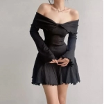 Black A-LINE Dress Women Streetwear Sexy Strapless Off Shoulder Long Sleeves Knitting Mini Dresses Club Elegant Partywear