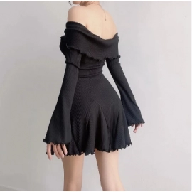 Black A-LINE Dress Women Streetwear Sexy Strapless Off Shoulder Long Sleeves Knitting Mini Dresses Club Elegant Partywear