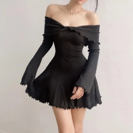 Black A-LINE Dress Women Streetwear Sexy Strapless Off Shoulder Long Sleeves Knitting Mini Dresses Club Elegant Partywear