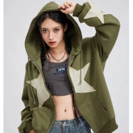 Women s Cute Hoodies Teen Girl Fall Jacket Oversized Star Pattern Sweatshirts Casual Drawstring Zip Up Y2K Hoodie