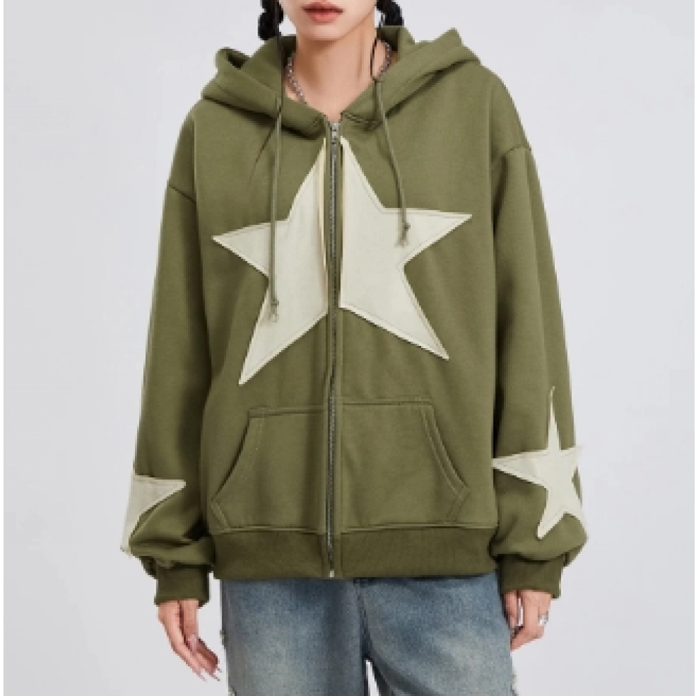 Women s Cute Hoodies Teen Girl Fall Jacket Oversized Star Pattern Sweatshirts Casual Drawstring Zip Up Y2K Hoodie