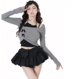 Summer Y2k Korean Two Piece Set Women Bow French Vintage Mini Skirts Suit Female Boff Shoulder Louses