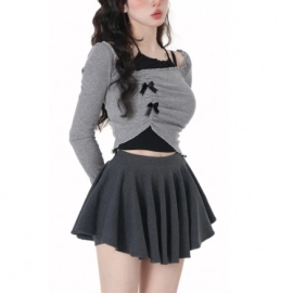 Summer Y2k Korean Two Piece Set Women Bow French Vintage Mini Skirts Suit Female Boff Shoulder Louses