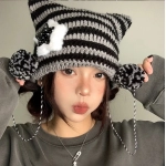 Y2K Cute Star Devil Knitted Beanie Hat Ins Skullies Striped Knitting Wool Cap Autumn Winter Cat Ears Pointed Pullover Women Hats